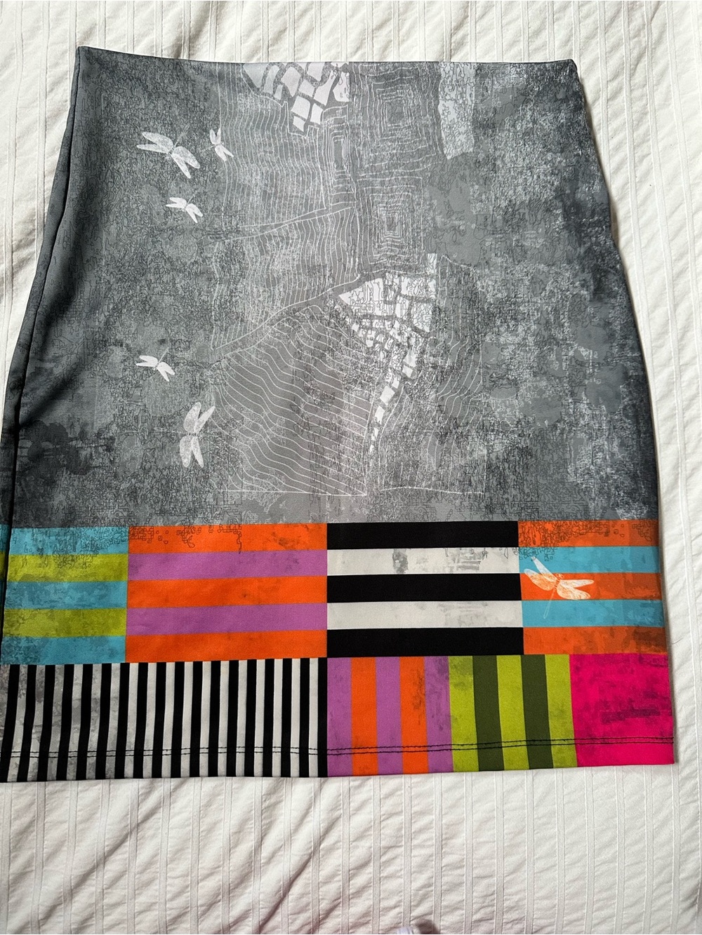 oiselle Gray Pencil Skirt with Multicolor Stripe Hem